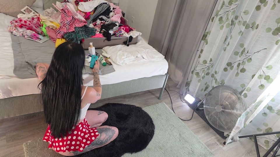 Hottest brunette babe in short cut mini skirt pink panties gives an incredible handjob with many creme oils to try on the dick
